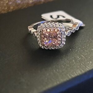 Elegant 925 Sterling Silver Pink square gemstone ring size 8